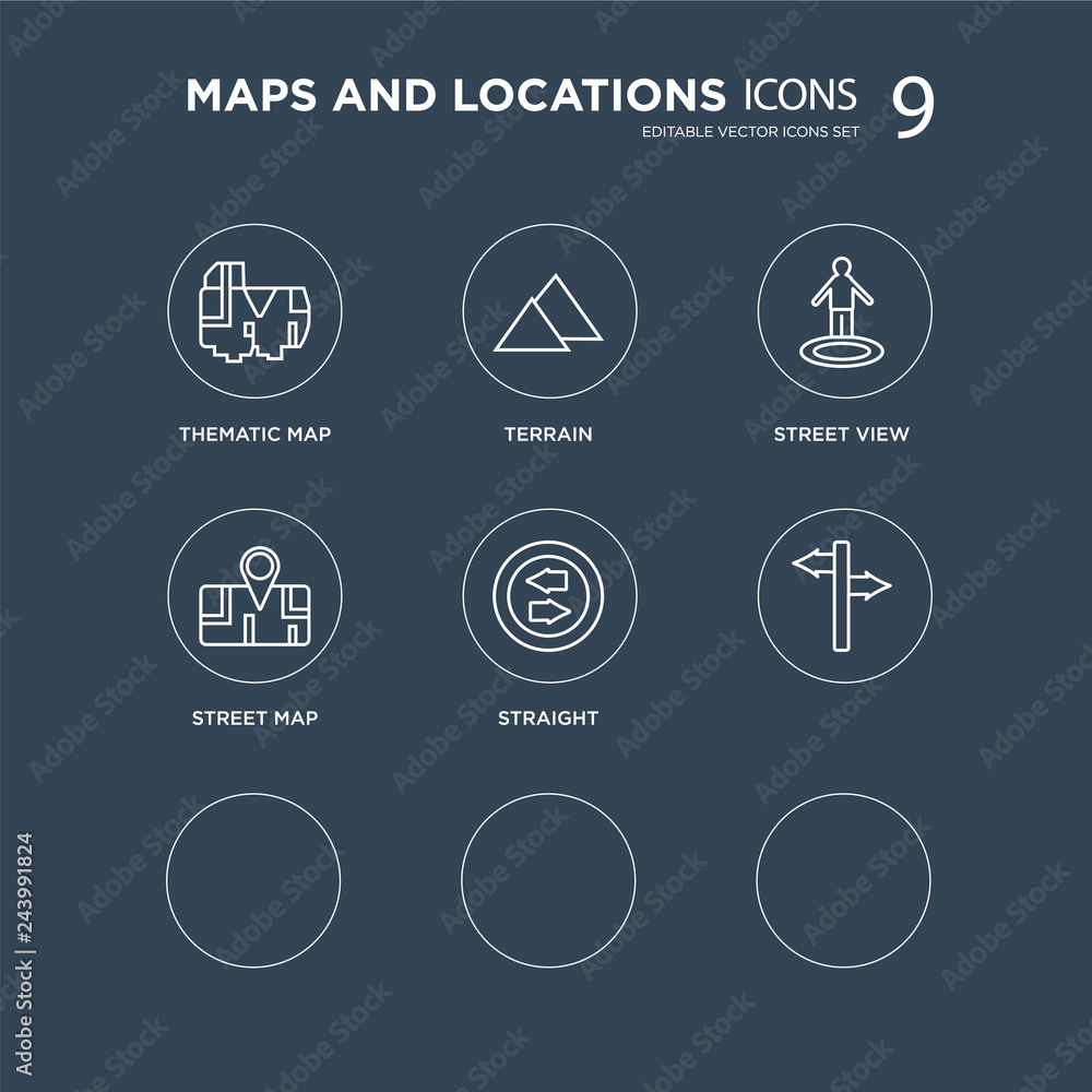 9 Thematic Map, Terrain, Shopping Pin, , Straight, Street view, Segment Path modern icons on black background, vector illustration, eps10, trendy icon set. 9 Thematic Map, Terrain, Shopping Pin, , Straight, Street view, Segment Path modern icons on black background, vector illustration, eps10, trendy icon set.