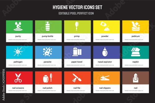 Set of 15 flat hygiene icons - purity, pump bottle, Nail file, Pedicure, scissors, Nasal aspirator, Napkin, clippers. Vector illustration isolated on colorful background