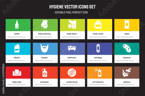 Set of 15 flat hygiene icons - Bottle, body shaming, antibacterial, Wipes, baby wipe, Bandage, Bacteria, Air freshener. Vector illustration isolated on colorful background