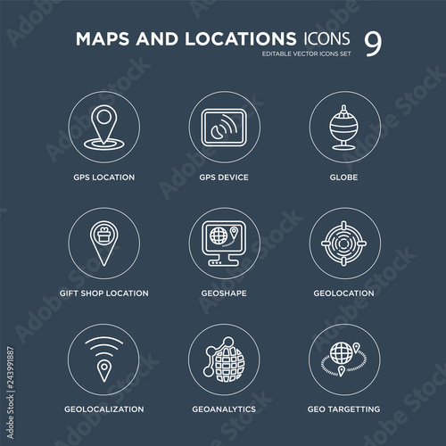 9 GPS Location, Gps device, Geolocalization, Geolocation, GeoShape, Globe, Gift shop GeoAnalytics modern icons on black background, vector illustration, eps10, trendy icon set.