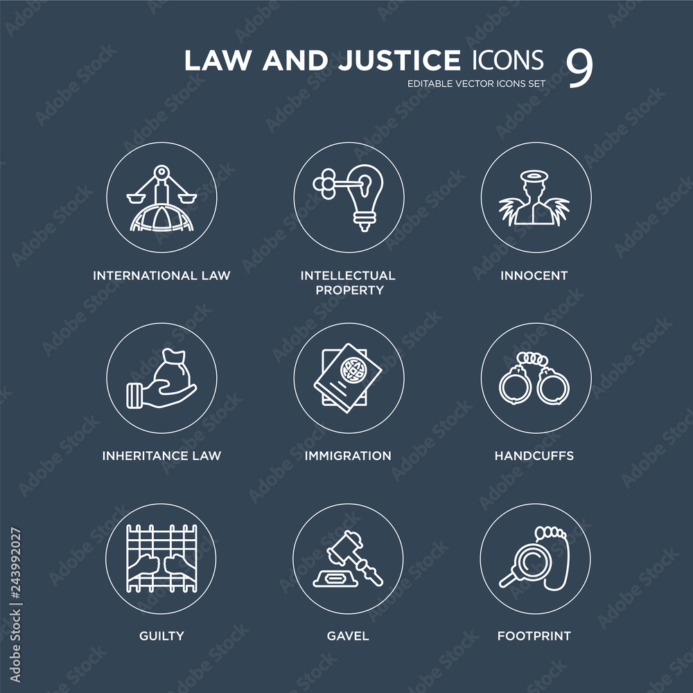 9 International law, Intellectual property, Guilty, Handcuffs, immigration, Innocent, inheritance Gavel modern icons on black background, vector illustration, eps10, trendy icon set.