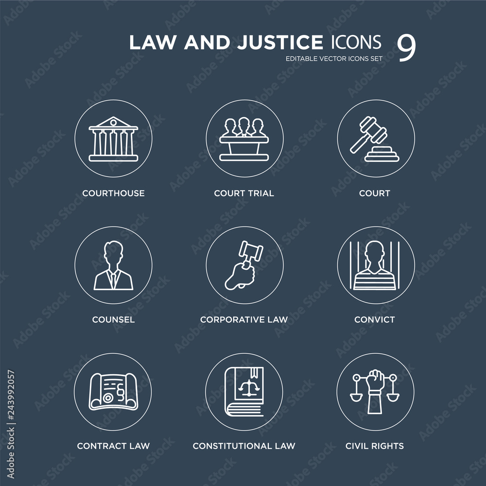 9 Courthouse, court Trial, contract law, Convict, corporative Court, counsel, constitutional law modern icons on black background, vector illustration, eps10, trendy icon set.