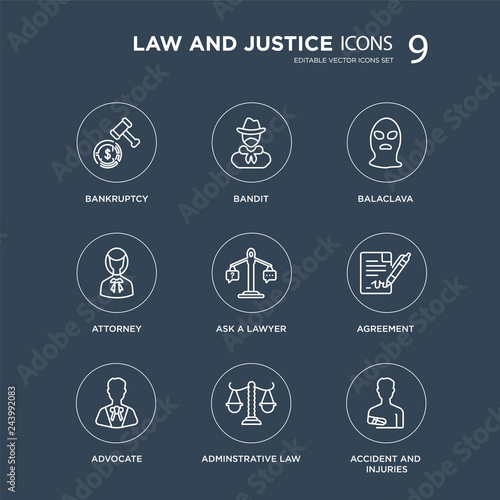 9 bankruptcy, Bandit, advocate, Agreement, ask a lawyer, Balaclava, attorney, adminstrative law modern icons on black background, vector illustration, eps10, trendy icon set.