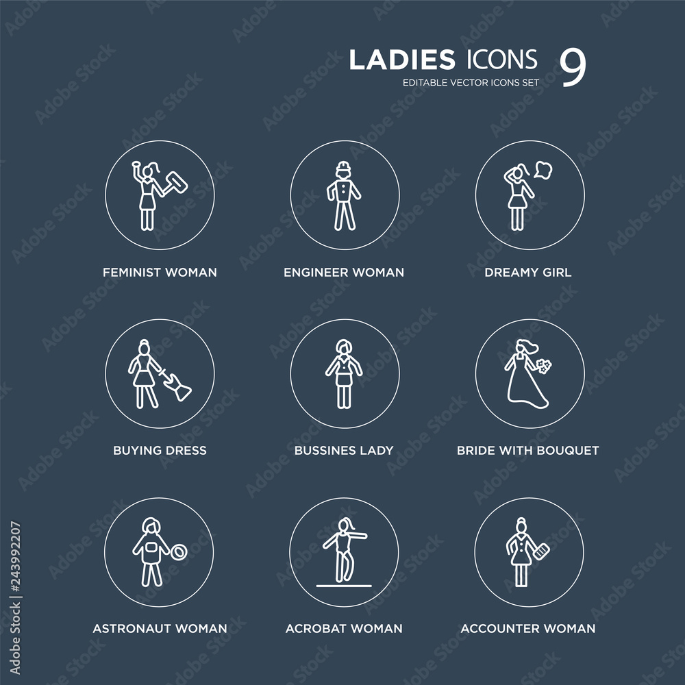 9 Feminist Woman, Engineer Astronaut Bride with Bouquet, Bussines Lady, Dreamy girl modern icons on black background, vector illustration, eps10, trendy icon set.