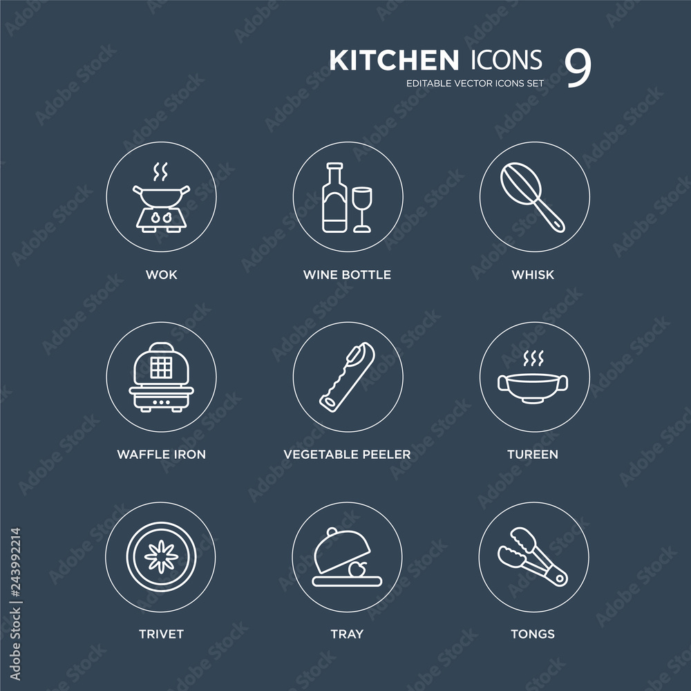 9 wok, Wine bottle, trivet, tureen, vegetable peeler, Whisk, waffle iron, Tray modern icons on black background, vector illustration, eps10, trendy icon set. 9 wok, Wine bottle, trivet, tureen, vegetable peeler, Whisk, waffle iron, Tray modern icons on black background, vector illustration, eps10, trendy icon set.
