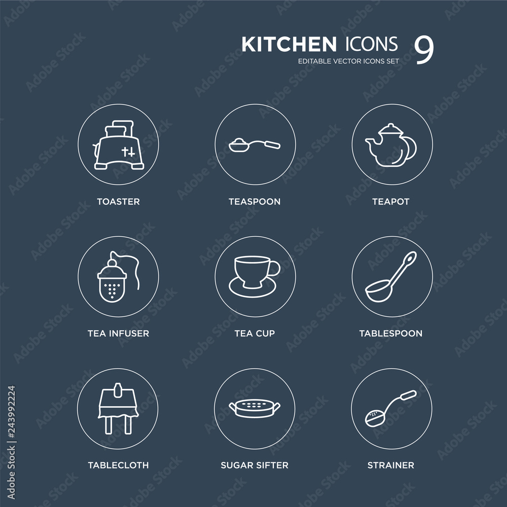 9 Toaster, teaspoon, tablecloth, tablespoon, Tea cup, teapot, tea infuser, sugar sifter modern icons on black background, vector illustration, eps10, trendy icon set. 9 Toaster, teaspoon, tablecloth, tablespoon, Tea cup, teapot, tea infuser, sugar sifter modern icons on black background, vector illustration, eps10, trendy icon set.