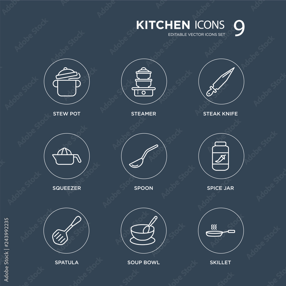 9 stew pot, steamer, Spatula, spice jar, Spoon, steak knife, Squeezer, soup bowl modern icons on black background, vector illustration, eps10, trendy icon set. 9 stew pot, steamer, Spatula, spice jar, Spoon, steak knife, Squeezer, soup bowl modern icons on black background, vector illustration, eps10, trendy icon set.