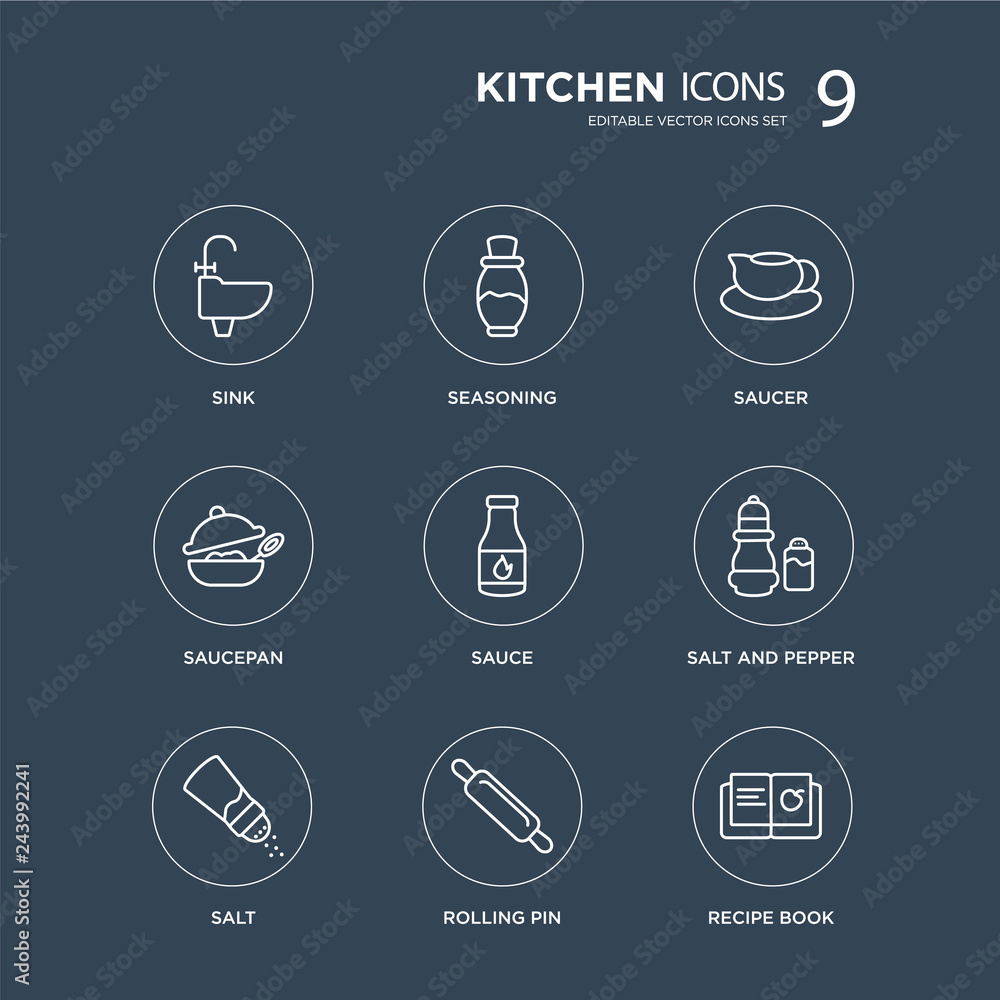 9 Sink, Seasoning, Salt, Salt and pepper, Sauce, saucer, Saucepan, Rolling pin modern icons on black background, vector illustration, eps10, trendy icon set. 9 Sink, Seasoning, Salt, Salt and pepper, Sauce, saucer, Saucepan, Rolling pin modern icons on black background, vector illustration, eps10, trendy icon set.