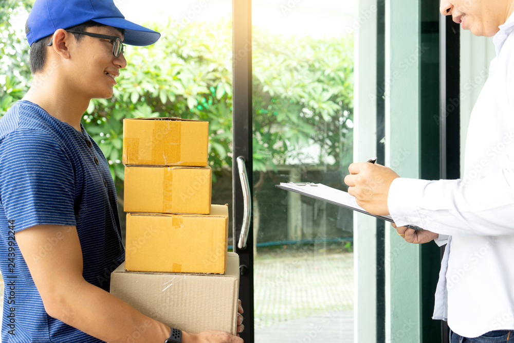 worker man delivery the boxs to woman worker man delivery the boxs to woman