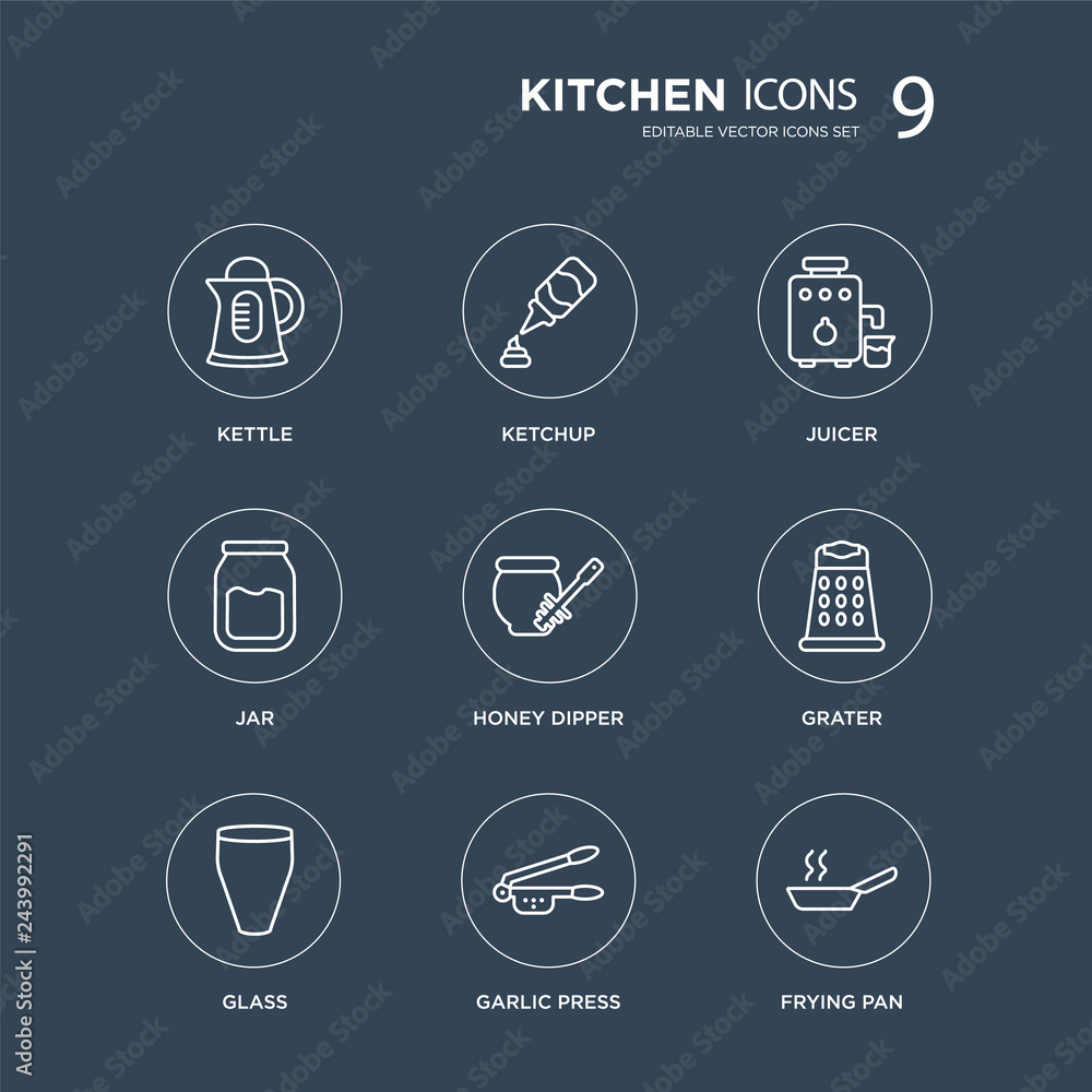 9 Kettle, Ketchup, glass, Grater, honey dipper, Juicer, jar, garlic press modern icons on black background, vector illustration, eps10, trendy icon set. 9 Kettle, Ketchup, glass, Grater, honey dipper, Juicer, jar, garlic press modern icons on black background, vector illustration, eps10, trendy icon set.