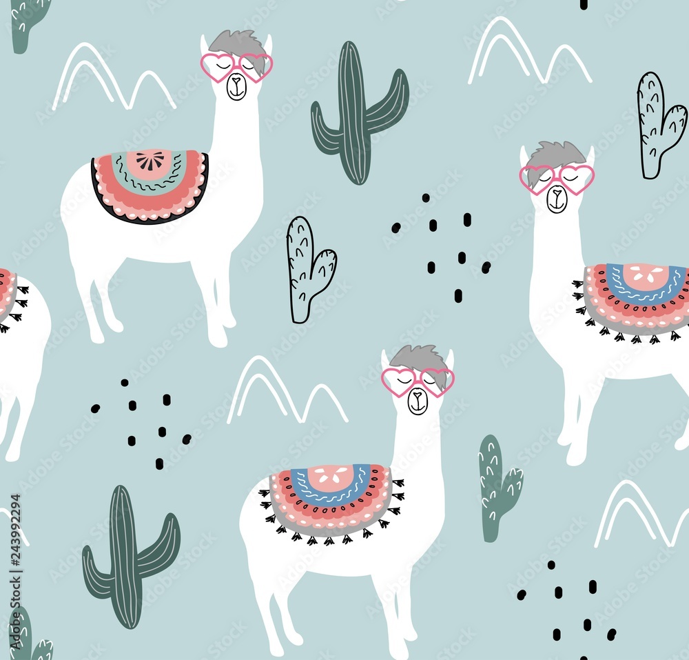Fototapeta premium Seamless pattern with llama and cactus. vector illustration for fabric, textile,wallpaper.