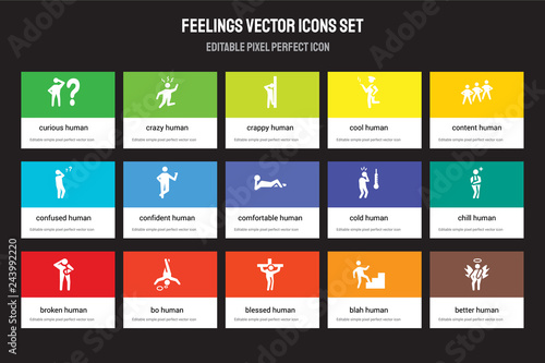 Set of 15 flat feelings icons - curious human, crazy blessed content broken cold chill blah human. Vector illustration isolated on colorful background