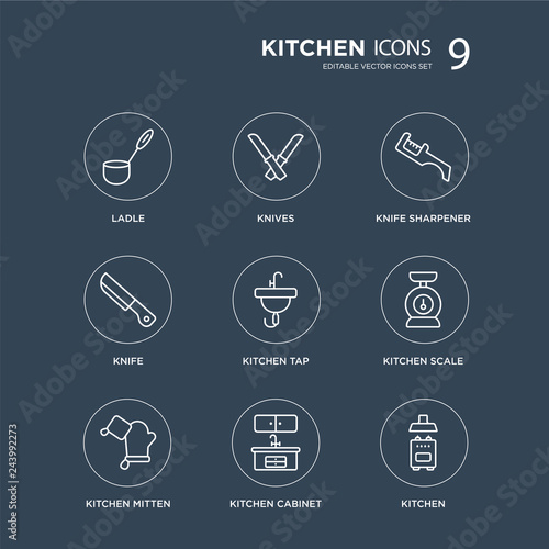 9 Ladle, Knives, kitchen Mitten, Scale, Tap, knife sharpener, Knife, Cabinet modern icons on black background, vector illustration, eps10, trendy icon set.