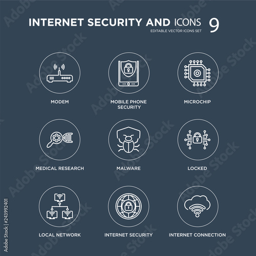 9 Modem, Mobile phone security, Local network, Locked, Malware, Microchip, Medical research, internet security modern icons on black background, vector illustration, eps10, trendy icon set.