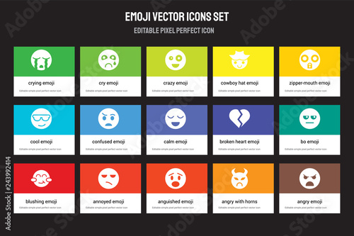 Set of 15 flat emoji icons - Crying emoji, Cry Anguished Zipper-Mouth Blushing emoji. Vector illustration isolated on colorful background