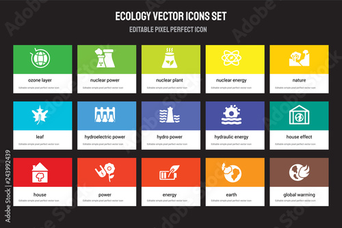 Set of 15 flat ecology icons - Ozone layer, Nuclear power, energy, Nature, house, Hydraulic house effect, earth. Vector illustration isolated on colorful background