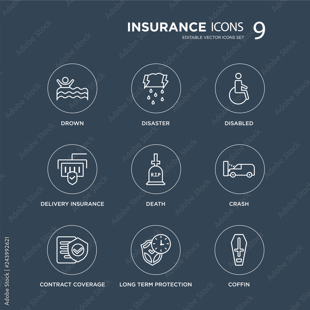 9 Drown, Disaster, Contract Coverage, Crash, Death, Disabled, Delivery insurance, long term protection modern icons on black background, vector illustration, eps10, trendy icon set. 9 Drown, Disaster, Contract Coverage, Crash, Death, Disabled, Delivery insurance, long term protection modern icons on black background, vector illustration, eps10, trendy icon set.
