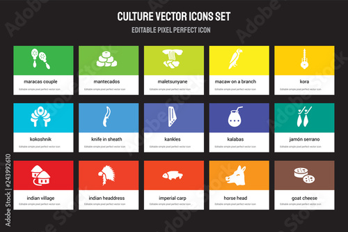 Set of 15 flat culture icons - Maracas couple, Mantecados, Imperial Carp, Kora, Indian Village, Kalabas, Jamón Serrano, Horse Head. Vector illustration isolated on colorful background