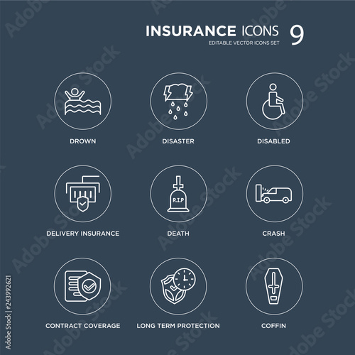 9 Drown, Disaster, Contract Coverage, Crash, Death, Disabled, Delivery insurance, long term protection modern icons on black background, vector illustration, eps10, trendy icon set.