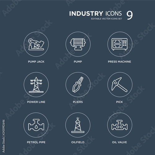 9 Pump jack, Pump, petrol Pipe, Pick, Pliers, Press machine, Power line, Oilfield modern icons on black background, vector illustration, eps10, trendy icon set.