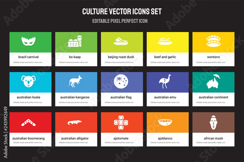 Set of 15 flat culture icons - Brazil carnival mask, Bo kaap, Ajotomate, Wontons, Australian Boomerang. Vector illustration isolated on colorful background