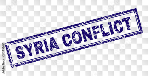 SYRIA CONFLICT stamp seal imprint with rubber print style and double framed rectangle shape. Stamp is placed on a transparent background.