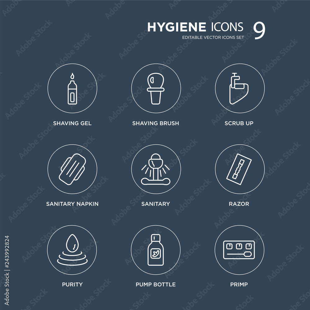 9 shaving gel, Shaving brush, purity, Razor, Sanitary, scrub up, Sanitary napkin, pump bottle modern icons on black background, vector illustration, eps10, trendy icon set.