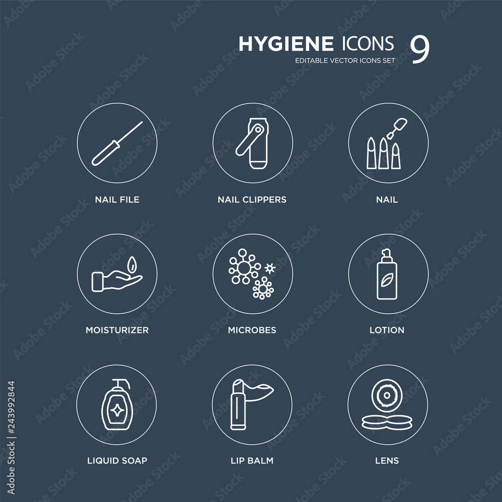 9 Nail file, clippers, Liquid soap, lotion, microbes, Nail, Moisturizer, Lip balm modern icons on black background, vector illustration, eps10, trendy icon set. 9 Nail file, clippers, Liquid soap, lotion, microbes, Nail, Moisturizer, Lip balm modern icons on black background, vector illustration, eps10, trendy icon set.