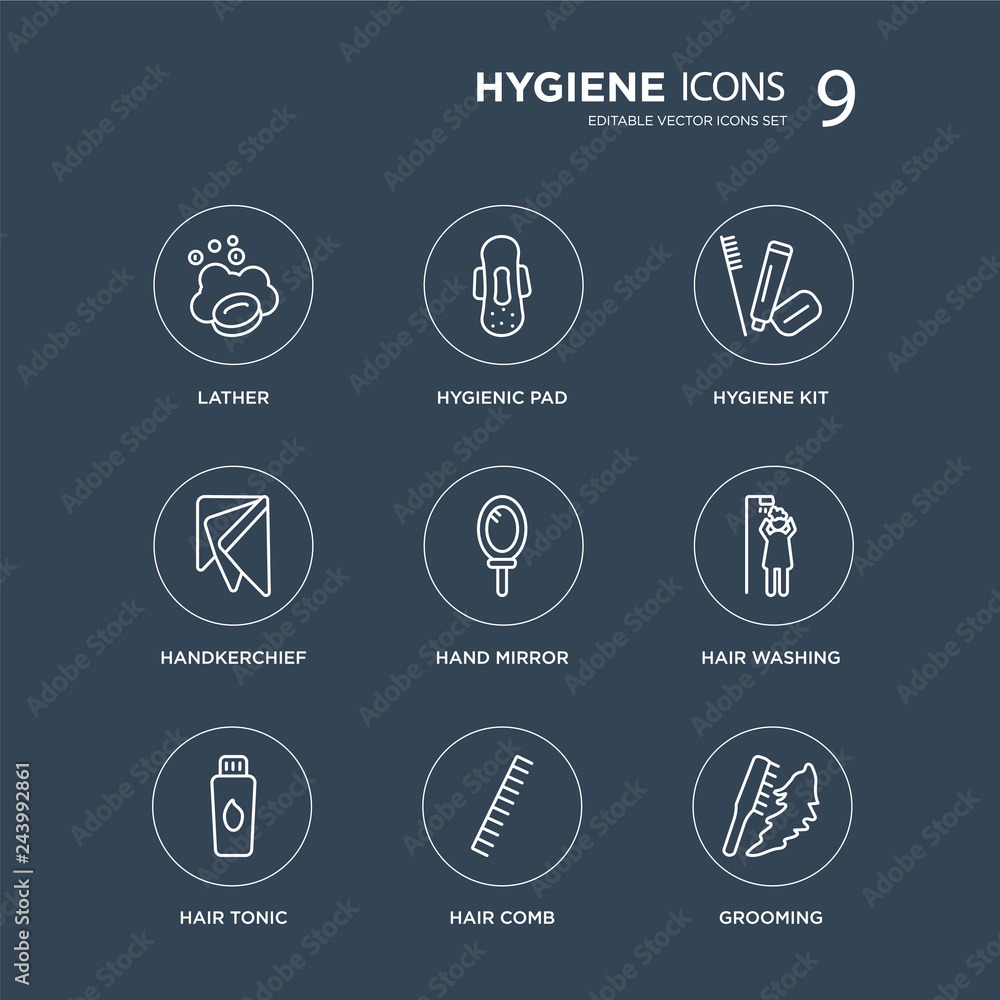 9 lather, hygienic pad, hair tonic, Hair washing, Hand mirror, hygiene kit, Handkerchief, comb modern icons on black background, vector illustration, eps10, trendy icon set. 9 lather, hygienic pad, hair tonic, Hair washing, Hand mirror, hygiene kit, Handkerchief, comb modern icons on black background, vector illustration, eps10, trendy icon set.