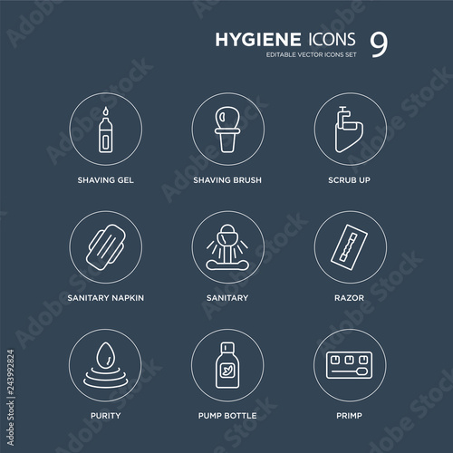 9 shaving gel, Shaving brush, purity, Razor, Sanitary, scrub up, Sanitary napkin, pump bottle modern icons on black background, vector illustration, eps10, trendy icon set.