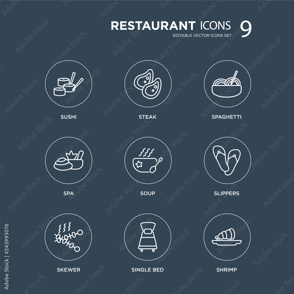 9 Sushi, Steak, Skewer, Slippers, Soup, Spaghetti, Spa, Single bed modern icons on black background, vector illustration, eps10, trendy icon set. 9 Sushi, Steak, Skewer, Slippers, Soup, Spaghetti, Spa, Single bed modern icons on black background, vector illustration, eps10, trendy icon set.