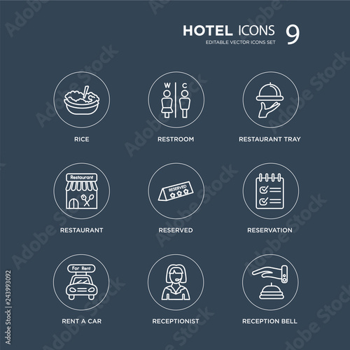 9 Rice, Restroom, Rent a car, Reservation, Reserved, restaurant Tray, Restaurant, Receptionist modern icons on black background, vector illustration, eps10, trendy icon set.