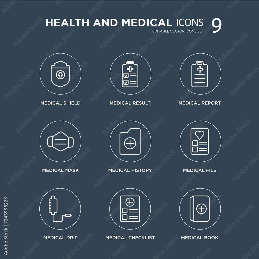 9 medical Shield, Medical result, drip, File, history, Report modern icons on black background, vector illustration, eps10, trendy icon set. 9 medical Shield, Medical result, drip, File, history, Report modern icons on black background, vector illustration, eps10, trendy icon set.
