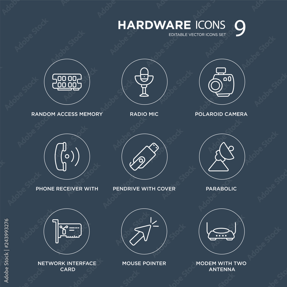 9 Random access memory, Radio Mic, Network Interface Card, Parabolic, Pendrive with Cover, Polaroid camera modern icons on black background, vector illustration, eps10, trendy icon set. 9 Random access memory, Radio Mic, Network Interface Card, Parabolic, Pendrive with Cover, Polaroid camera modern icons on black background, vector illustration, eps10, trendy icon set.