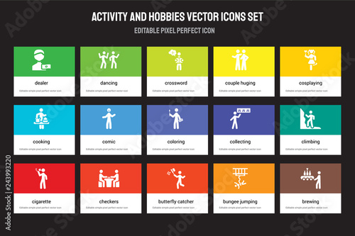 Set of 15 flat activity and hobbies icons - Dealer, Dancing, Butterfly catcher, Cosplaying, Cigarette, Collecting, Climbing, Bungee jumping. Vector illustration isolated on colorful background