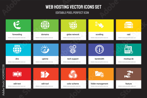 Set of 15 flat web hosting icons - Forwarding, Domains, Color scheme, Raid, Edit text, Bandwidth, Mockup de, Folder management. Vector illustration isolated on colorful background