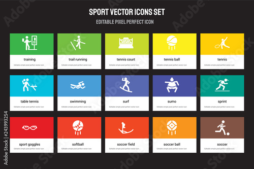 Set of 15 flat sport icons - Training, trail running, Soccer field, Tennis, Sport Goggles, sumo, sprint, ball. Vector illustration isolated on colorful background