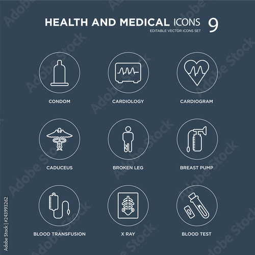 9 Condom, Cardiology, Blood transfusion, Breast pump, Broken leg, Cardiogram, Caduceus, X ray modern icons on black background, vector illustration, eps10, trendy icon set.