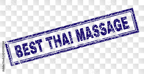 BEST THAI MASSAGE stamp seal print with grunge style and double framed rectangle shape. Stamp is placed on a transparent background.