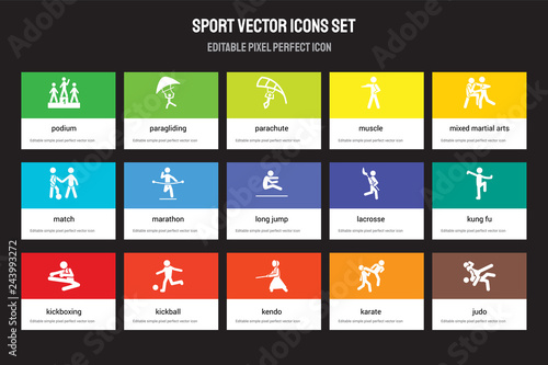 Set of 15 flat sport icons - Podium, paragliding, kendo, mixed martial arts, kickboxing, Lacrosse, kung fu, Karate. Vector illustration isolated on colorful background