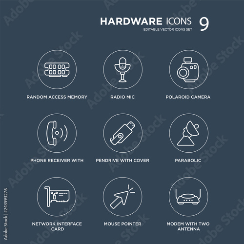 9 Random access memory, Radio Mic, Network Interface Card, Parabolic, Pendrive with Cover, Polaroid camera modern icons on black background, vector illustration, eps10, trendy icon set.