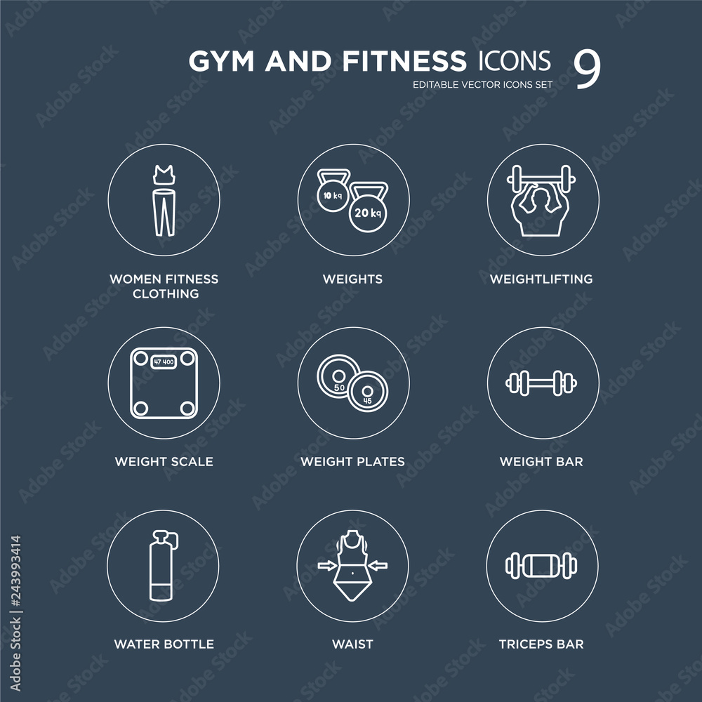 9 Women Fitness Clothing, Weights, Water bottle, Weight bar, plates, Weightlifting, scale, Waist modern icons on black background, vector illustration, eps10, trendy icon set.