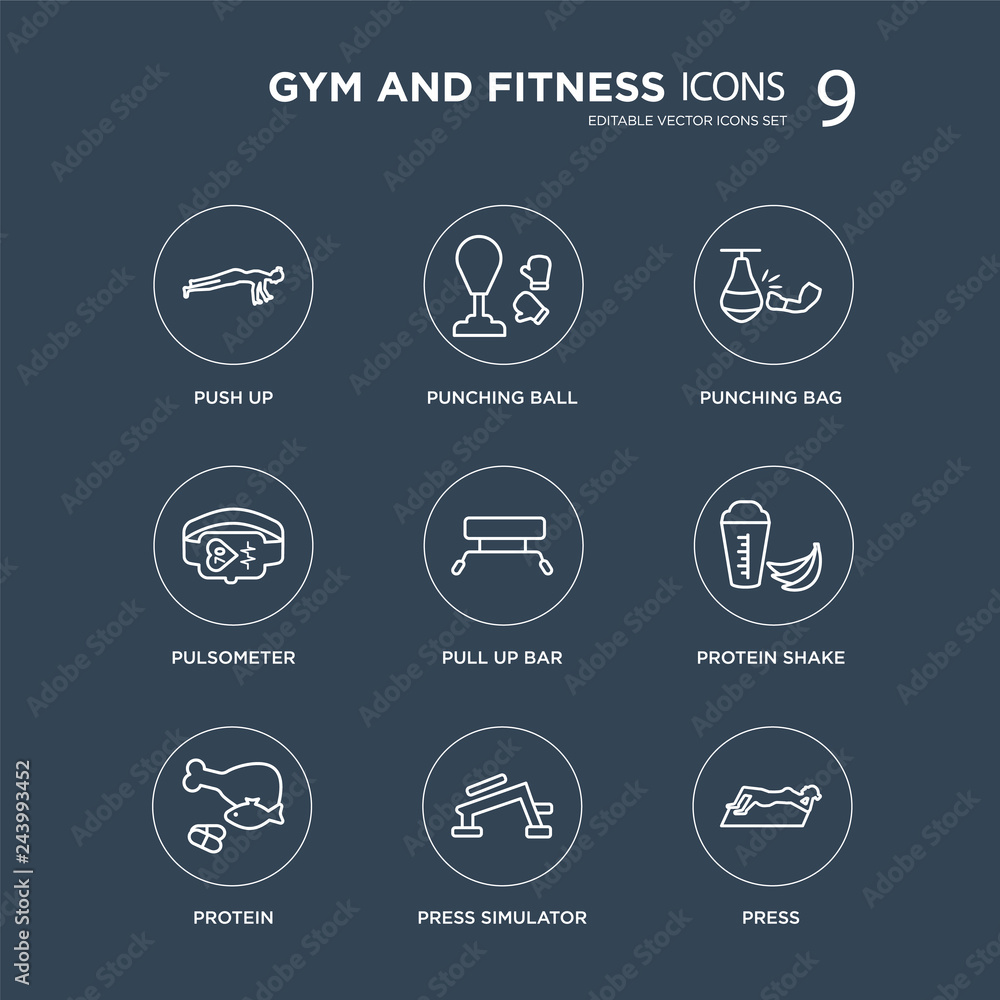 9 Push up, Punching ball, Protein, Protein shake, Pull up bar, bag, Pulsometer, Press Simulator modern icons on black background, vector illustration, eps10, trendy icon set. 9 Push up, Punching ball, Protein, Protein shake, Pull up bar, bag, Pulsometer, Press Simulator modern icons on black background, vector illustration, eps10, trendy icon set.
