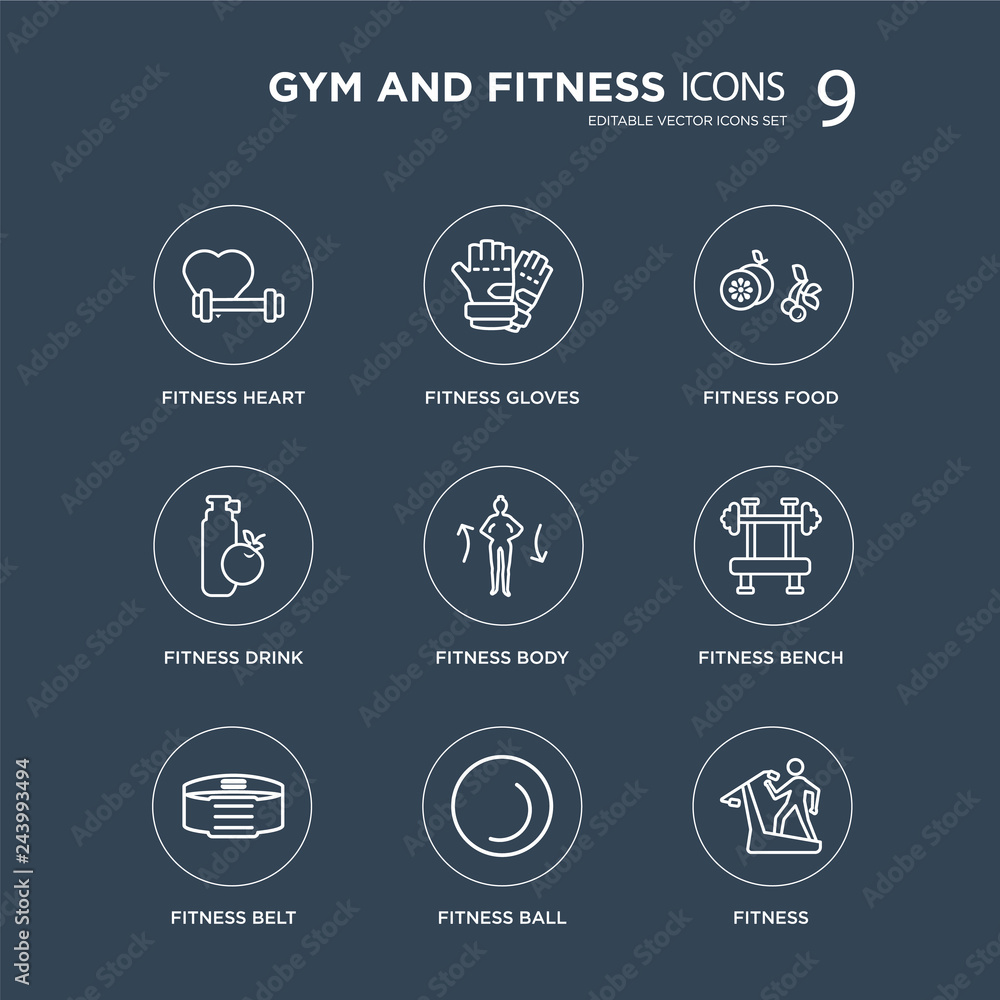 9 fitness Heart, Fitness Gloves, Belt, bench, Body, Food, Drink, Ball modern icons on black background, vector illustration, eps10, trendy icon set.