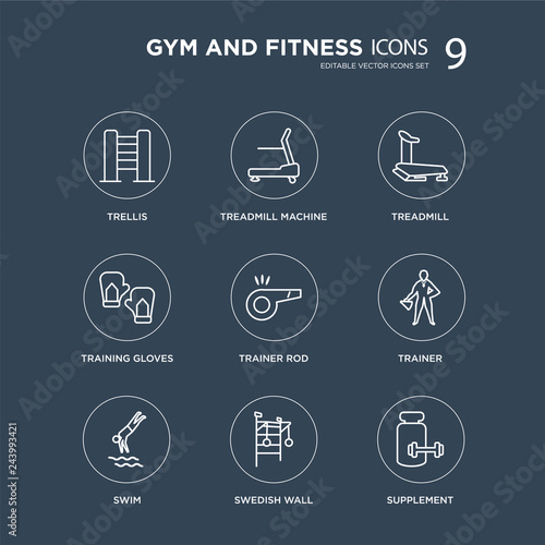 9 Trellis, Treadmill machine, Swim, Trainer, Trainer Rod, Treadmill, Training gloves, Swedish Wall modern icons on black background, vector illustration, eps10, trendy icon set.