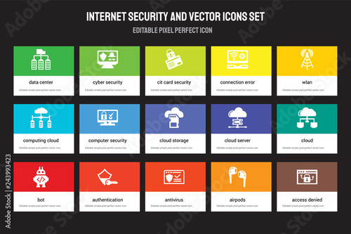 Set of 15 flat internet security and icons - Data center, Cyber security, Antivirus, wlan, Bot, Cloud server, Cloud, Airpods. Vector illustration isolated on colorful background