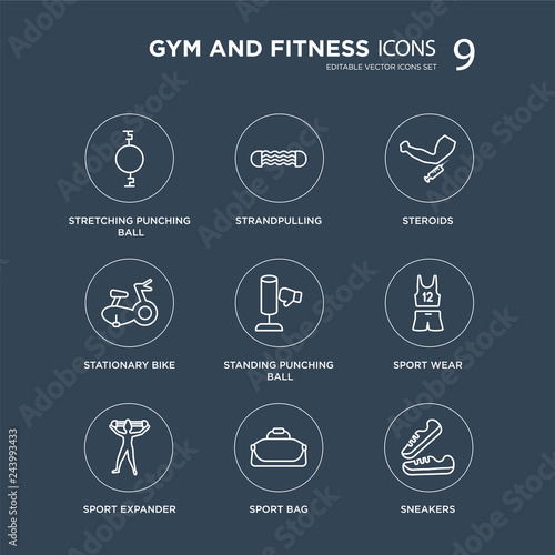 9 Stretching Punching Ball, Strandpulling, sport Expander, Sport wear, Standing Steroids modern icons on black background, vector illustration, eps10, trendy icon set.