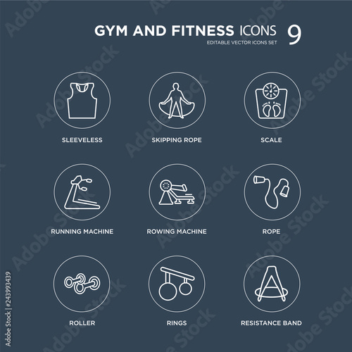 9 Sleeveless, Skipping Rope, Roller, Rowing Machine, Scale, Running Rings modern icons on black background, vector illustration, eps10, trendy icon set.