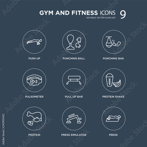 9 Push up, Punching ball, Protein, Protein shake, Pull up bar, bag, Pulsometer, Press Simulator modern icons on black background, vector illustration, eps10, trendy icon set.