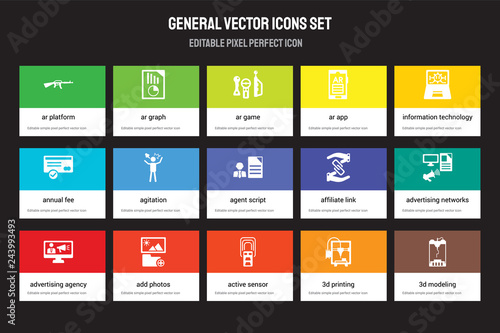 Set of 15 flat general icons - ar platform, graph, active sensor, information technology, advertising agency. Vector illustration isolated on colorful background